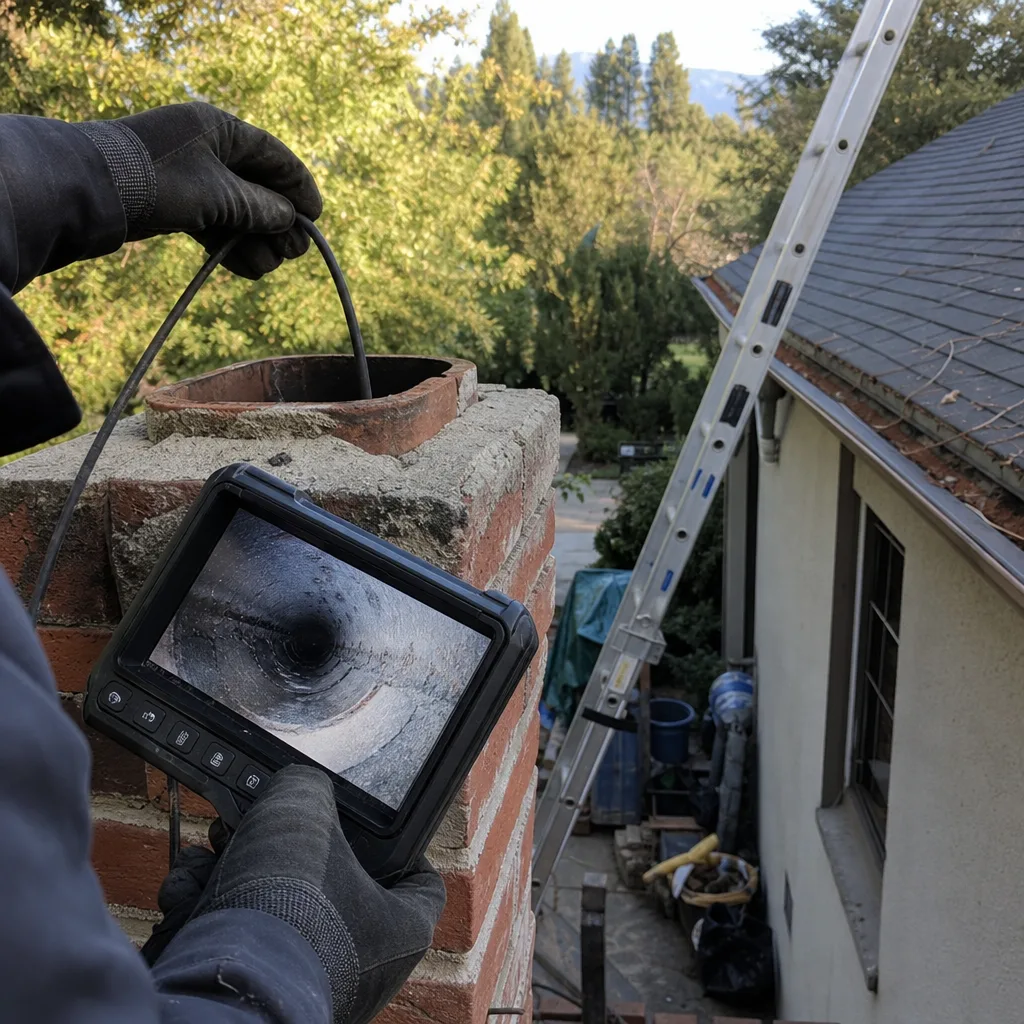 Professional performing a chimney flue inspection with a camera system