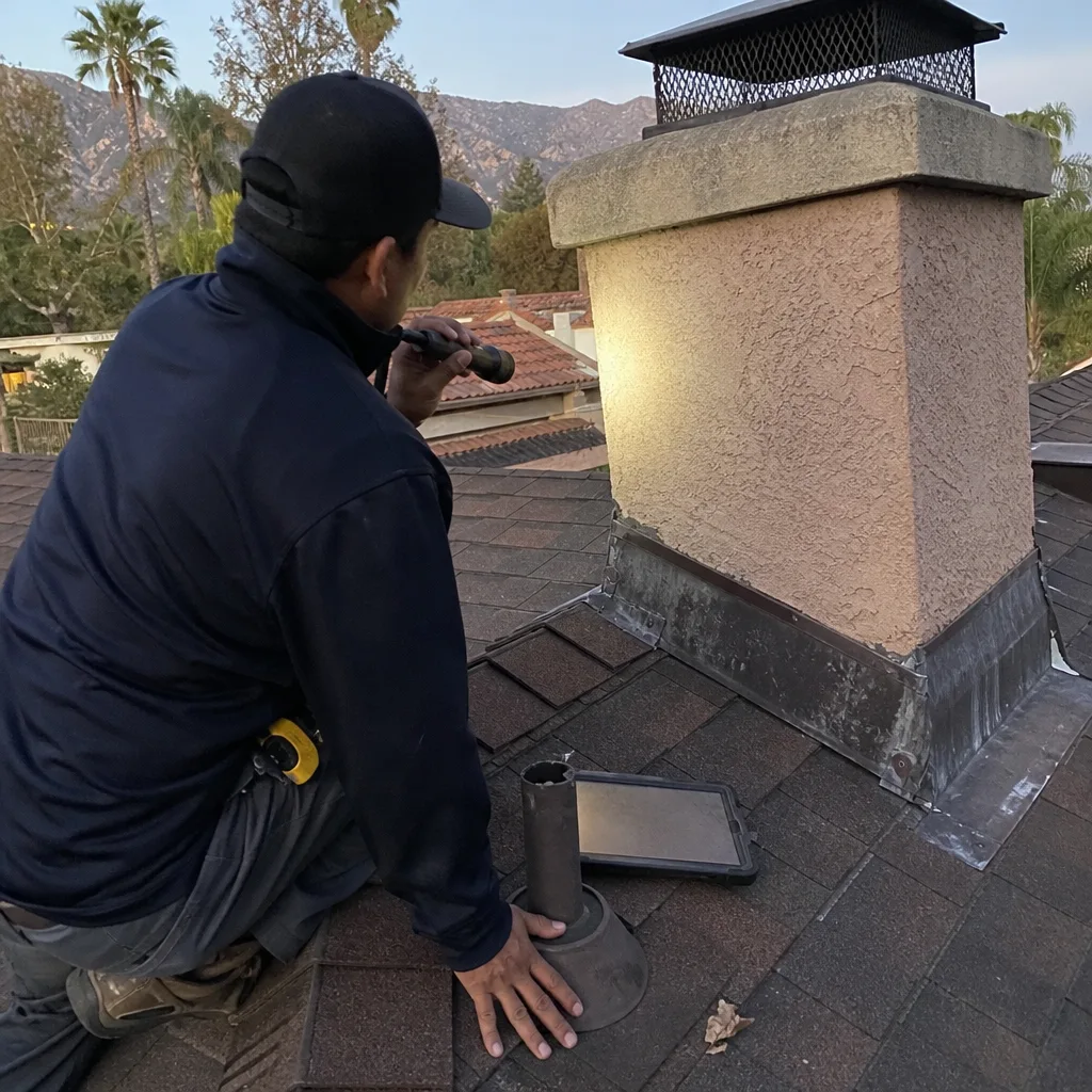 Professional technician performing a comprehensive roof-level chimney inspection