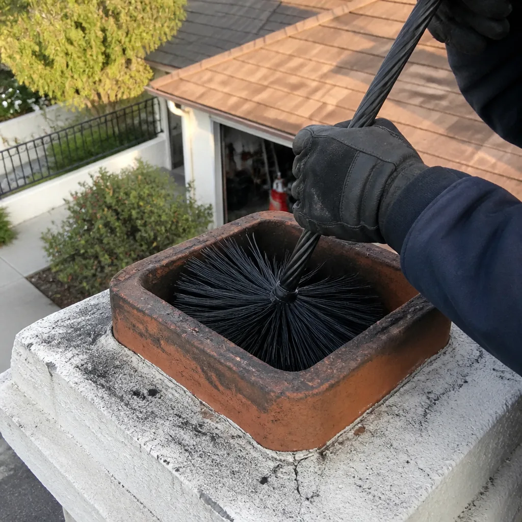 Professional chimney sweep cleaning a fireplace flue from the roof