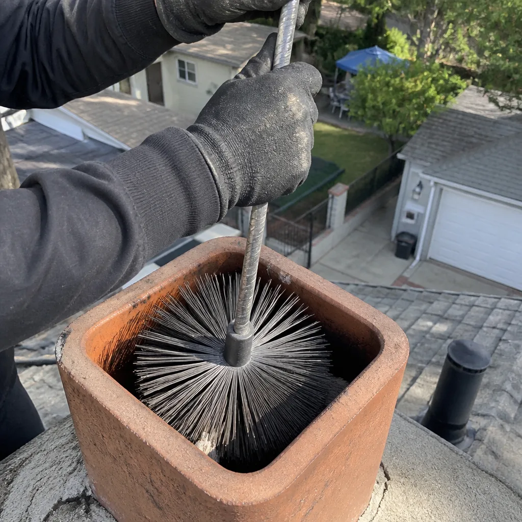 Professional chimney sweep cleaning a chimney flue with a wire brush.