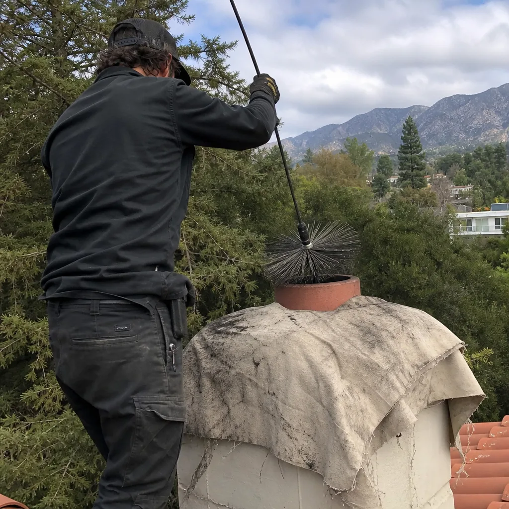 Professional chimney sweep cleaning a residential chimney with a wire brush